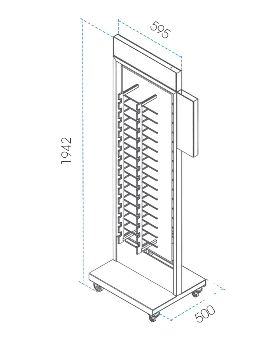 Technical drawing of a sunglasses floor display with dimensions.