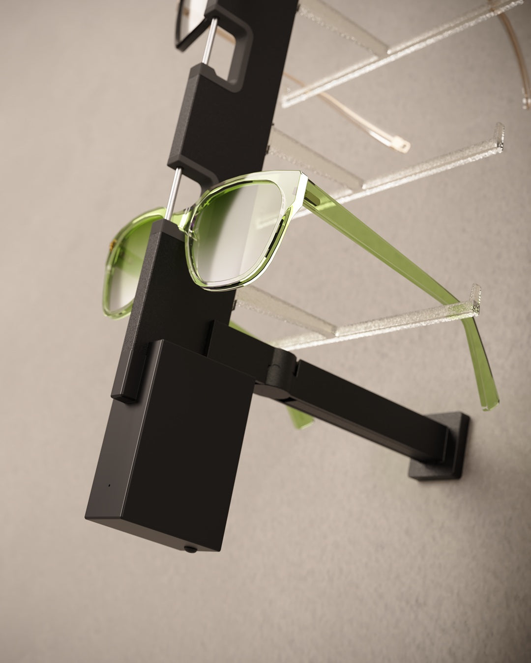Black Sunglass display rack with green glasses on a neutral background