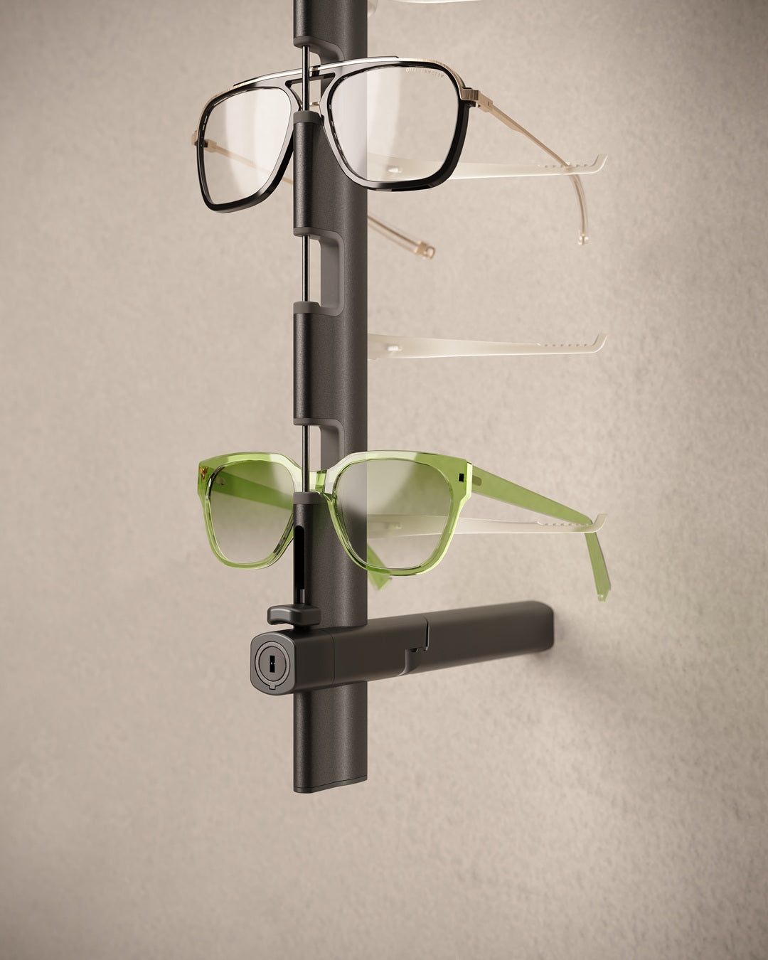 Wall-mounted Glasses wall display with pairs of glasses on a beige wall.