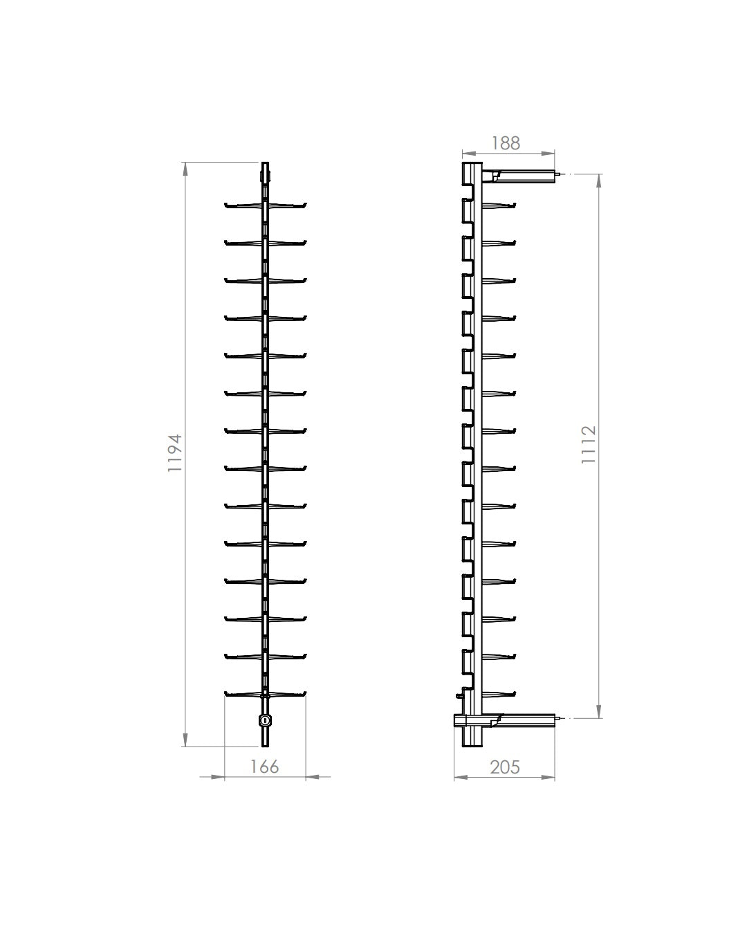 Technical drawing of vertical Eyewear rods with dimensions on a white background