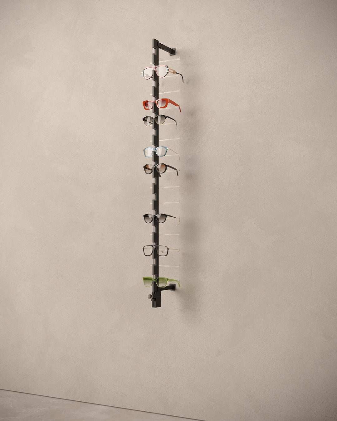 EGlasses display rack with multiple pairs of eyeglasses on a beige wall