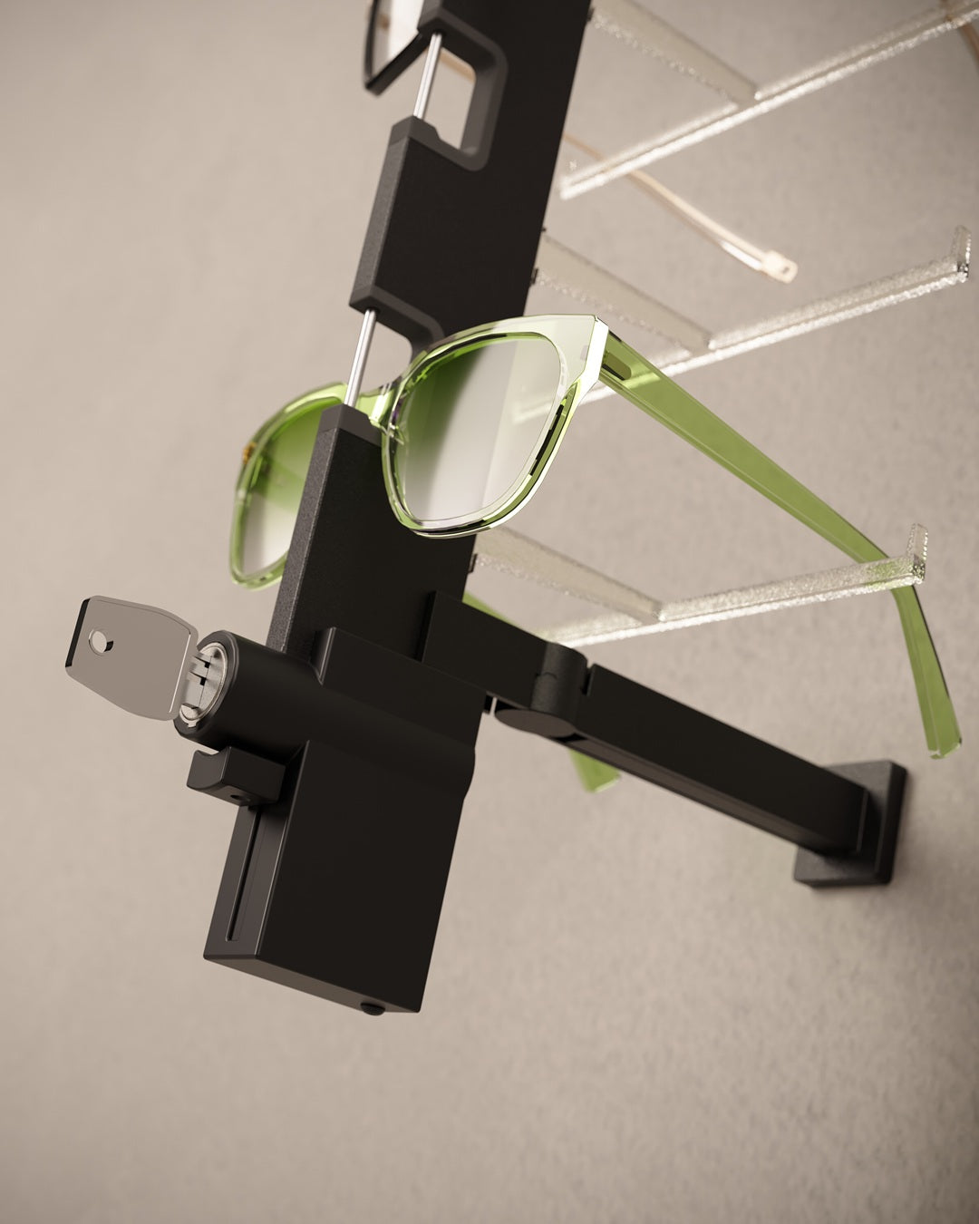 Black Glasses display rack with green glasses on a neutral background