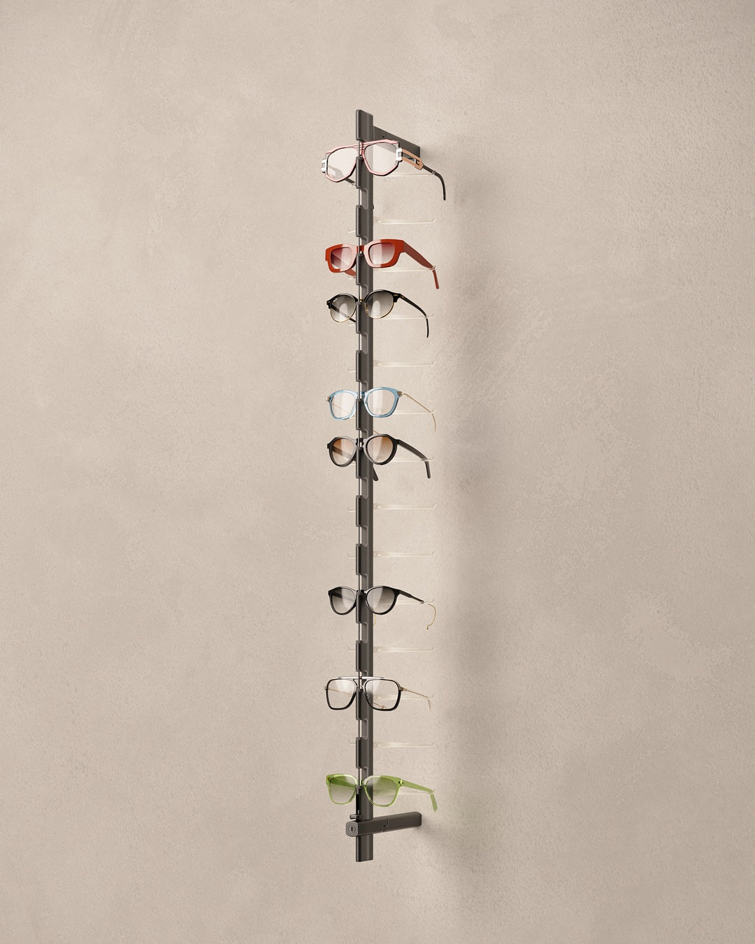 Vertical Glasses wall display with multiple pairs of sunglasses on a beige background