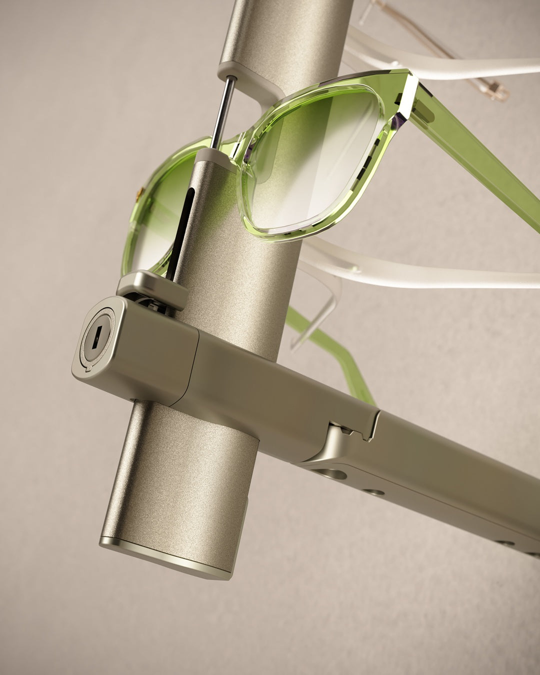 Close-up of a Glasses wall displaywith green sunglasses against a neutral background