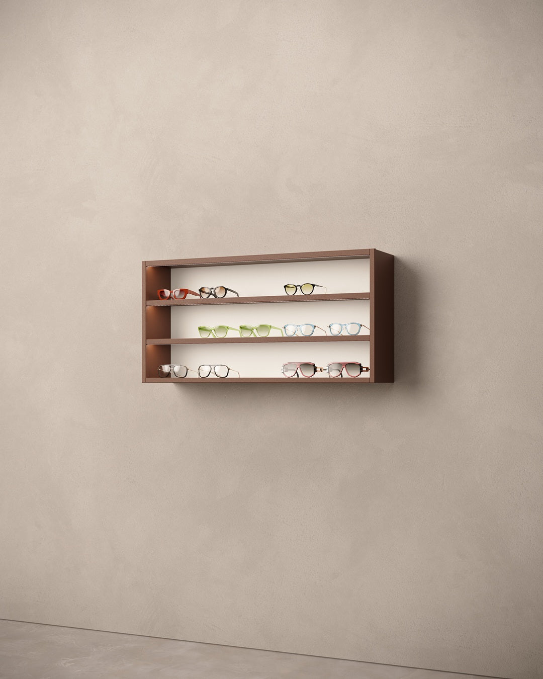 LED illuminated Sunglasses presentation with eyeglasses on a beige wall