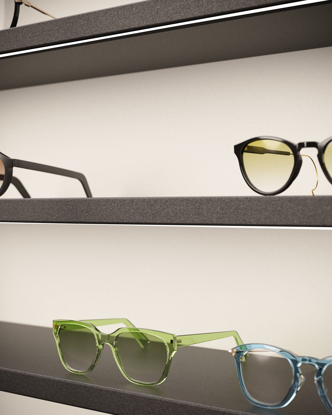 LED illuminated cabinet for sunglasses on a shelf with a neutral background