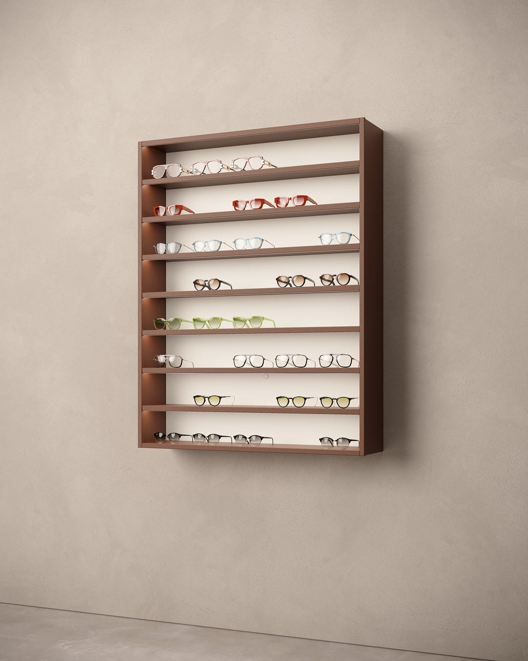 Willuminated cabinet for sunglasses with LED on a beige wall