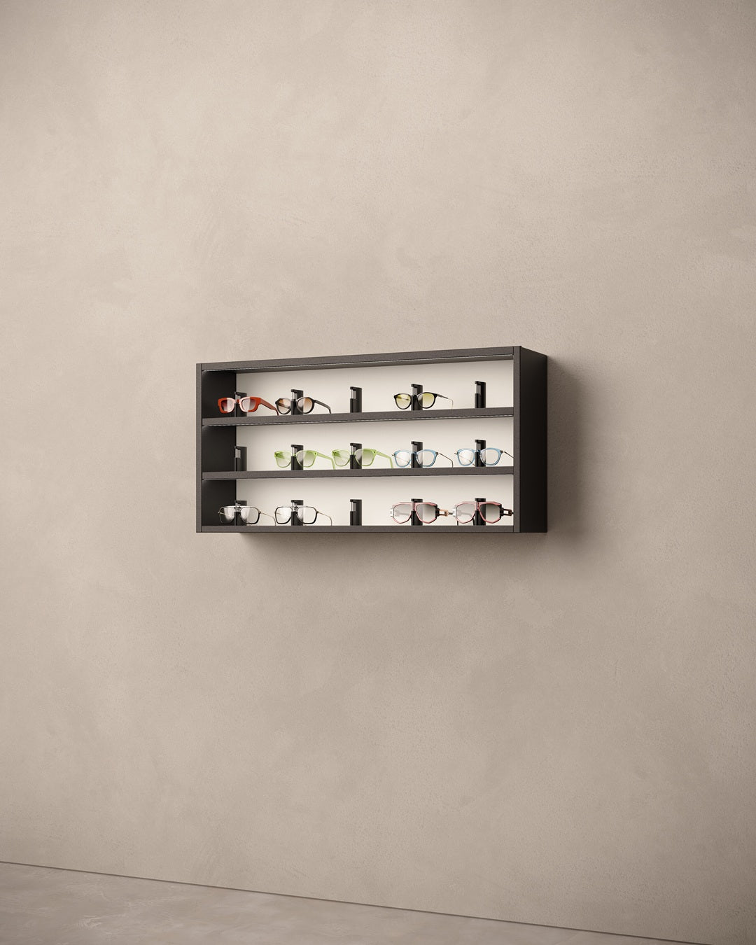 Boutique eyewear display with various sunglasses on LED shelves.