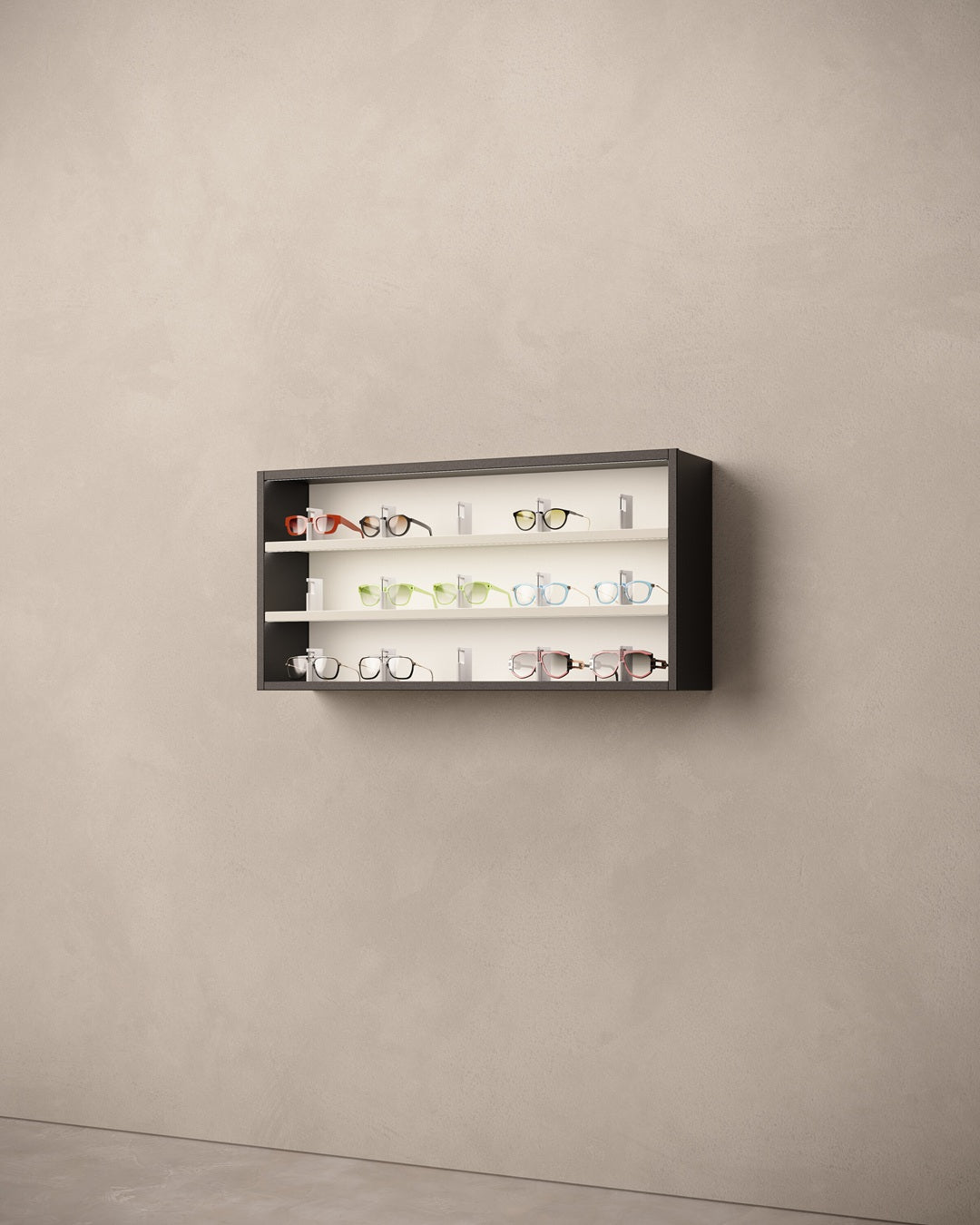 Wall-mounted eyewear cabinet display with various glasses on LED shelves.