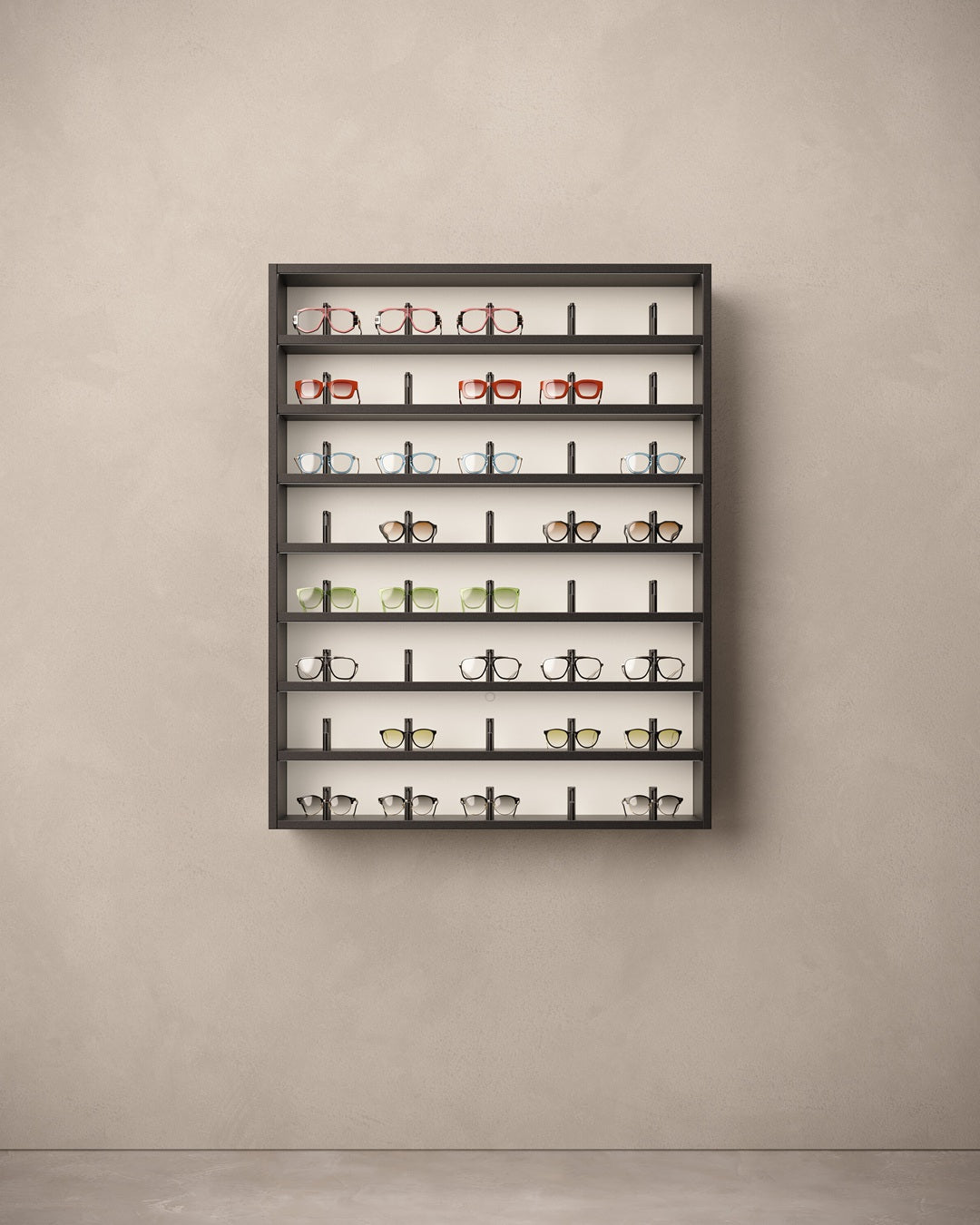 Glasses cabinet display with various glasses on LED shelves.