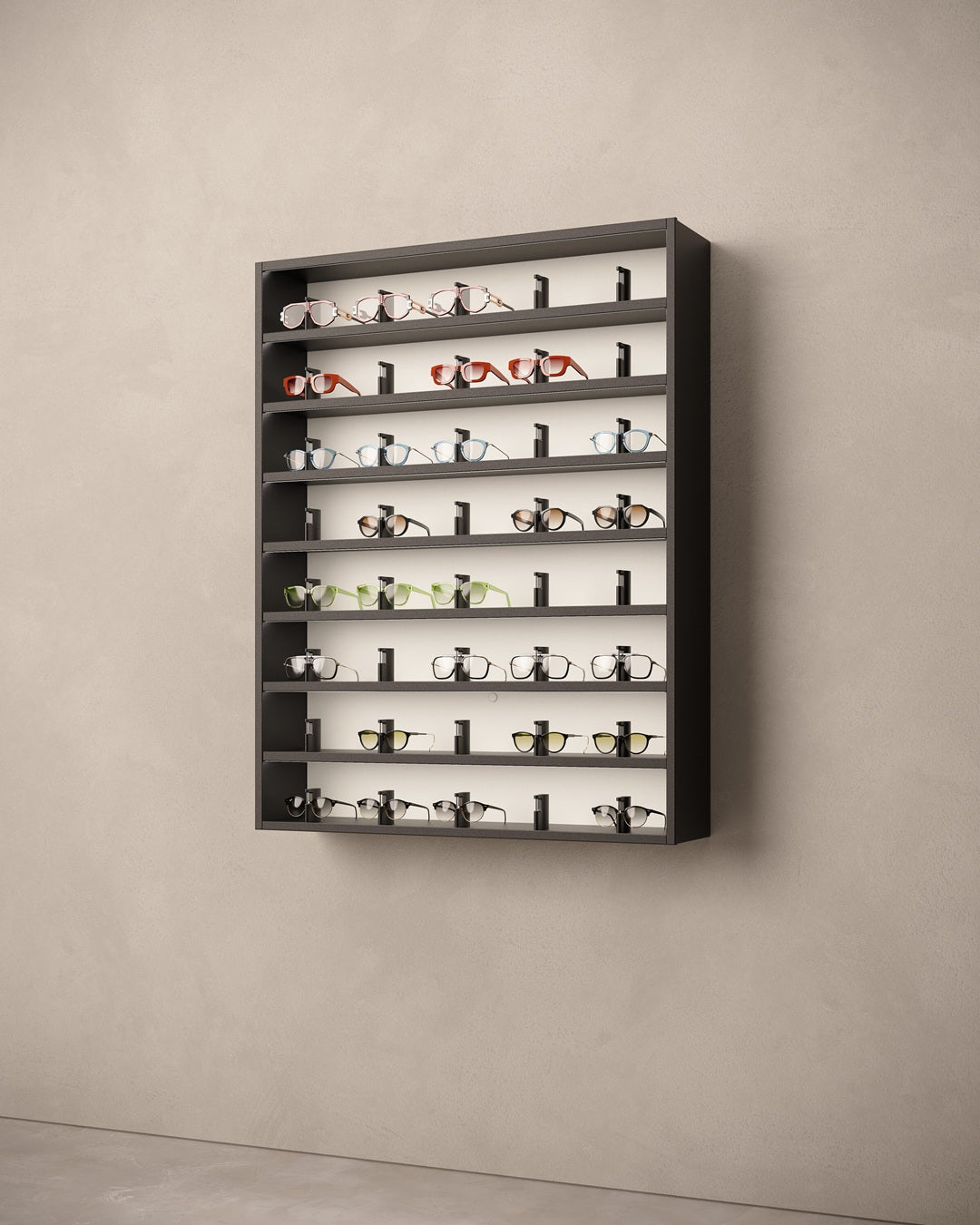 Sunglasses cabinet display with various glasses on LED shelves.