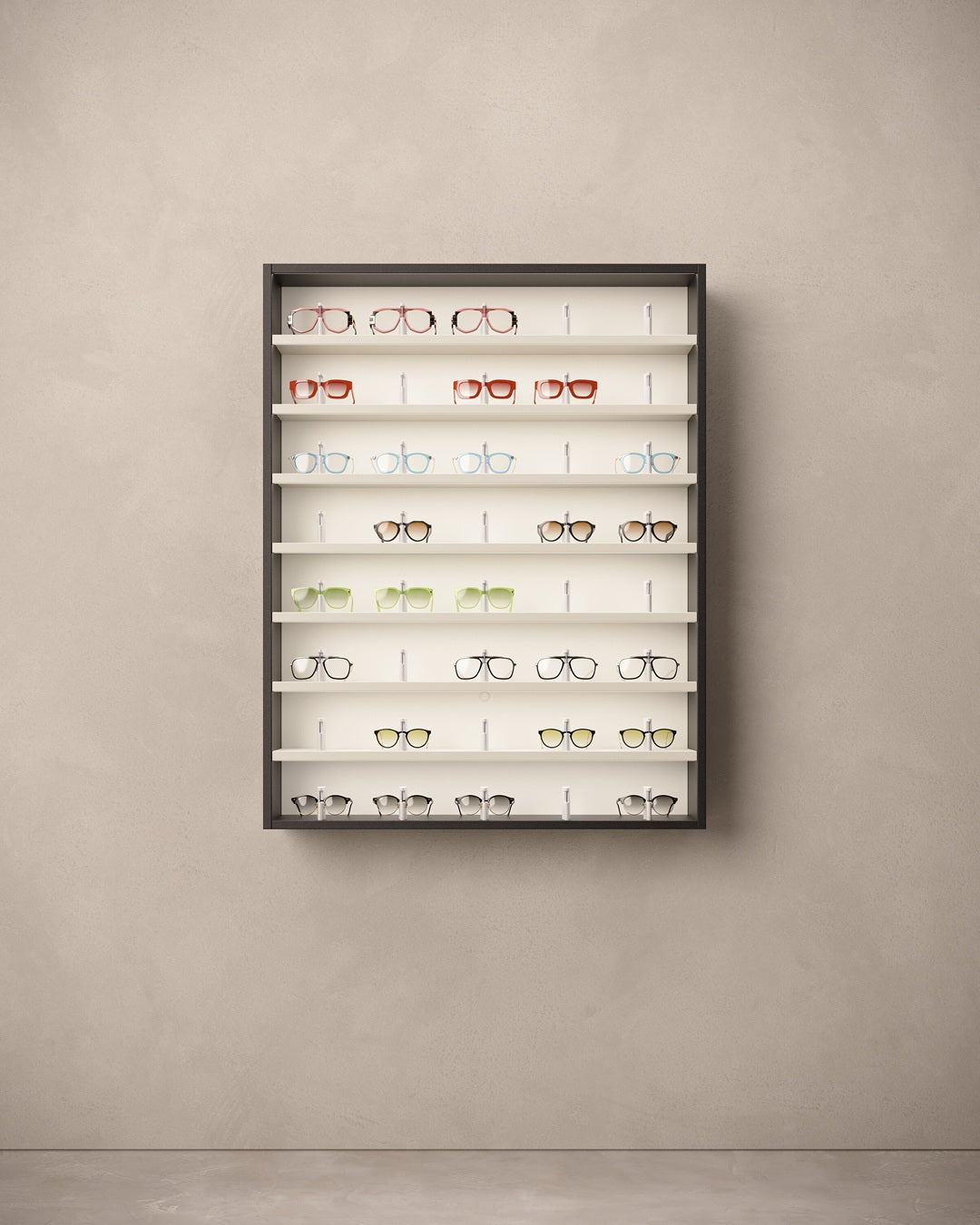 Luxury optician display with various glasses on LED shelves.