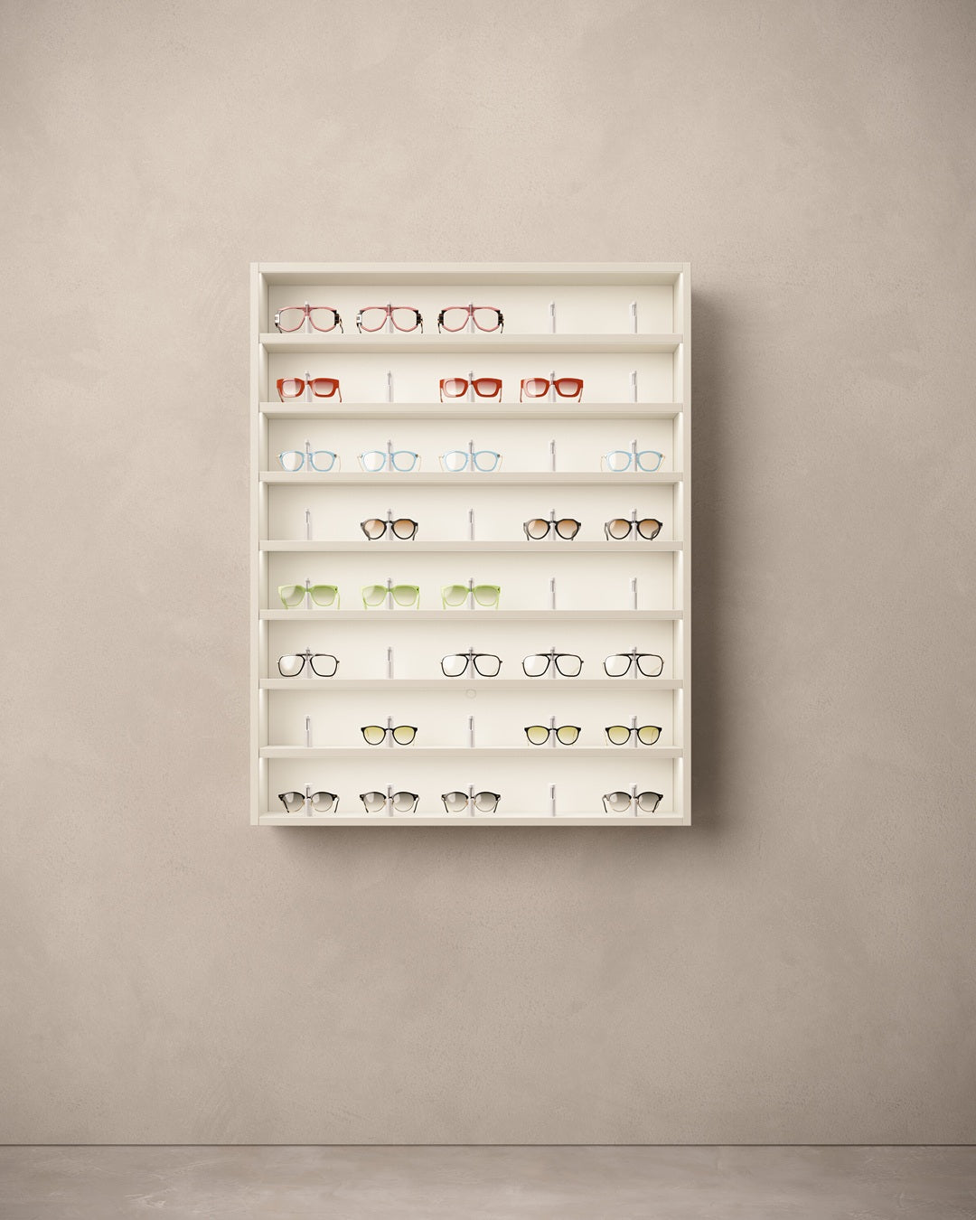Luxury optician display with various sunglasses on LED shelves.