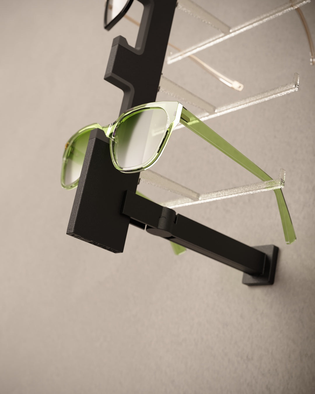 Black Glasses display rack with green glasses on a neutral background