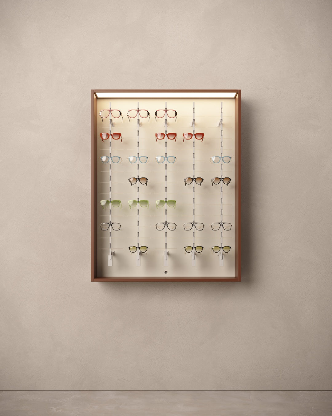 Optical store wall unit brown with various eyeglasses on a beige wall