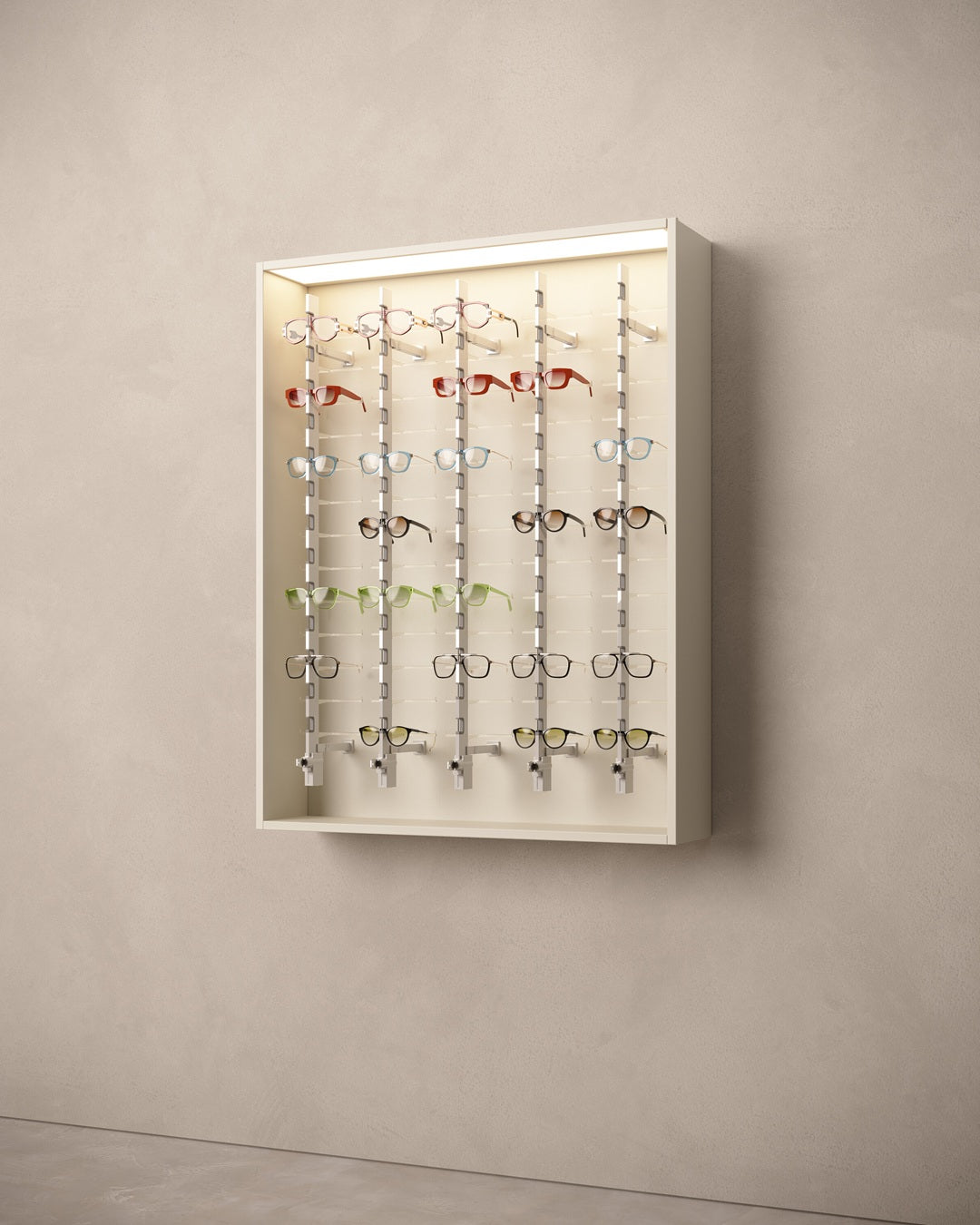 Optician store wall units with various eyeglasses on a beige wall