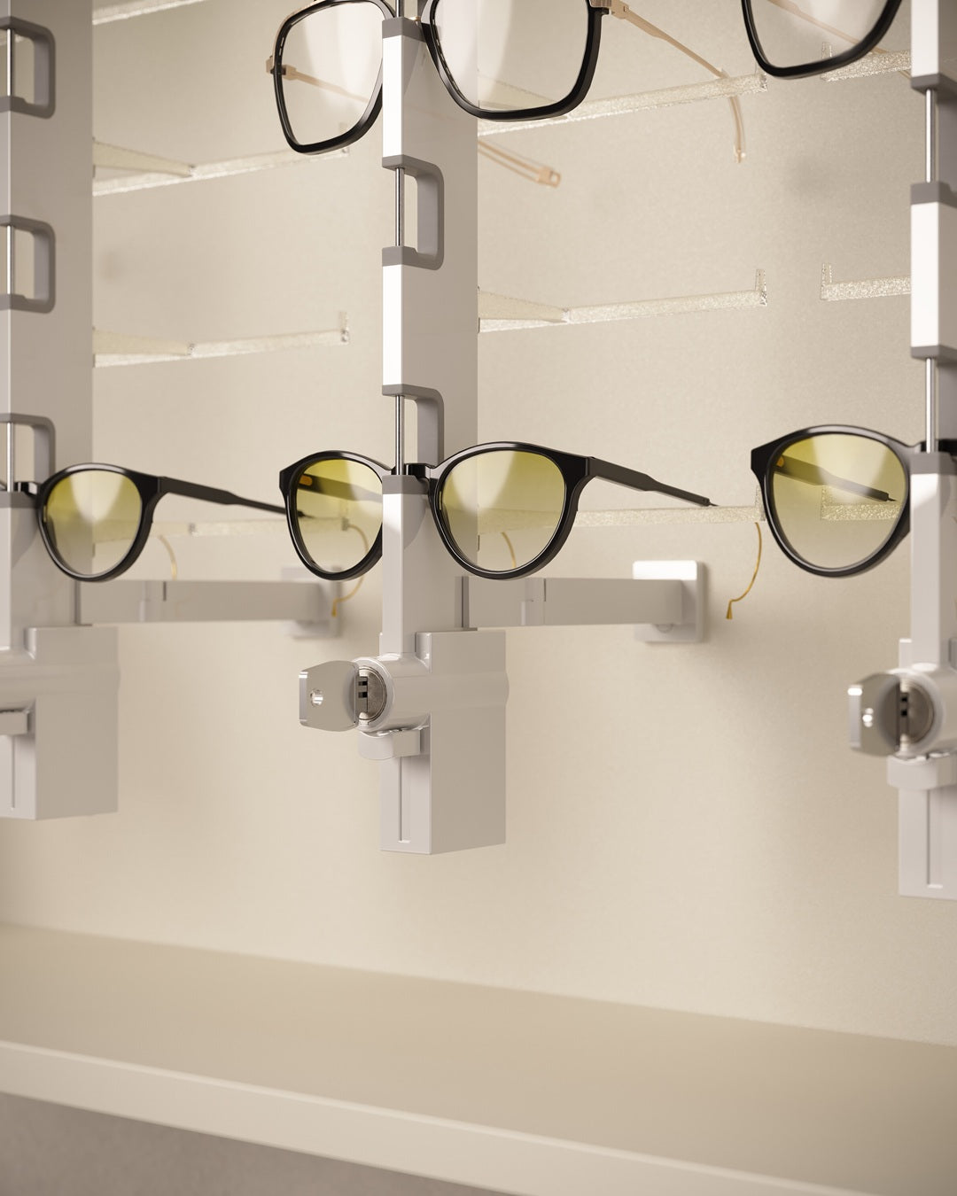 Optician store wall units key-locked with sunglasses with a neutral background
