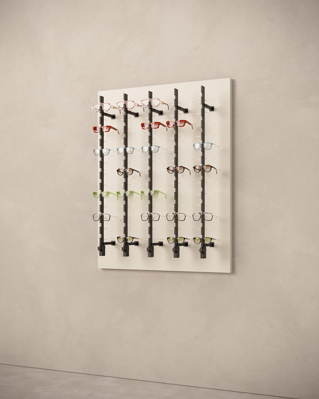 Wall-mounted Optometry display panel on a neutral background