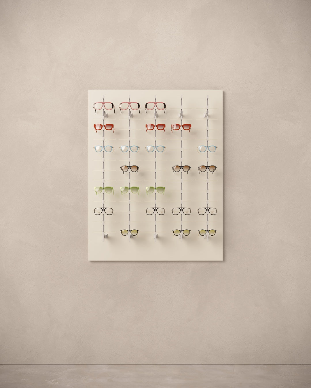 Optometry display panel on a beige wall