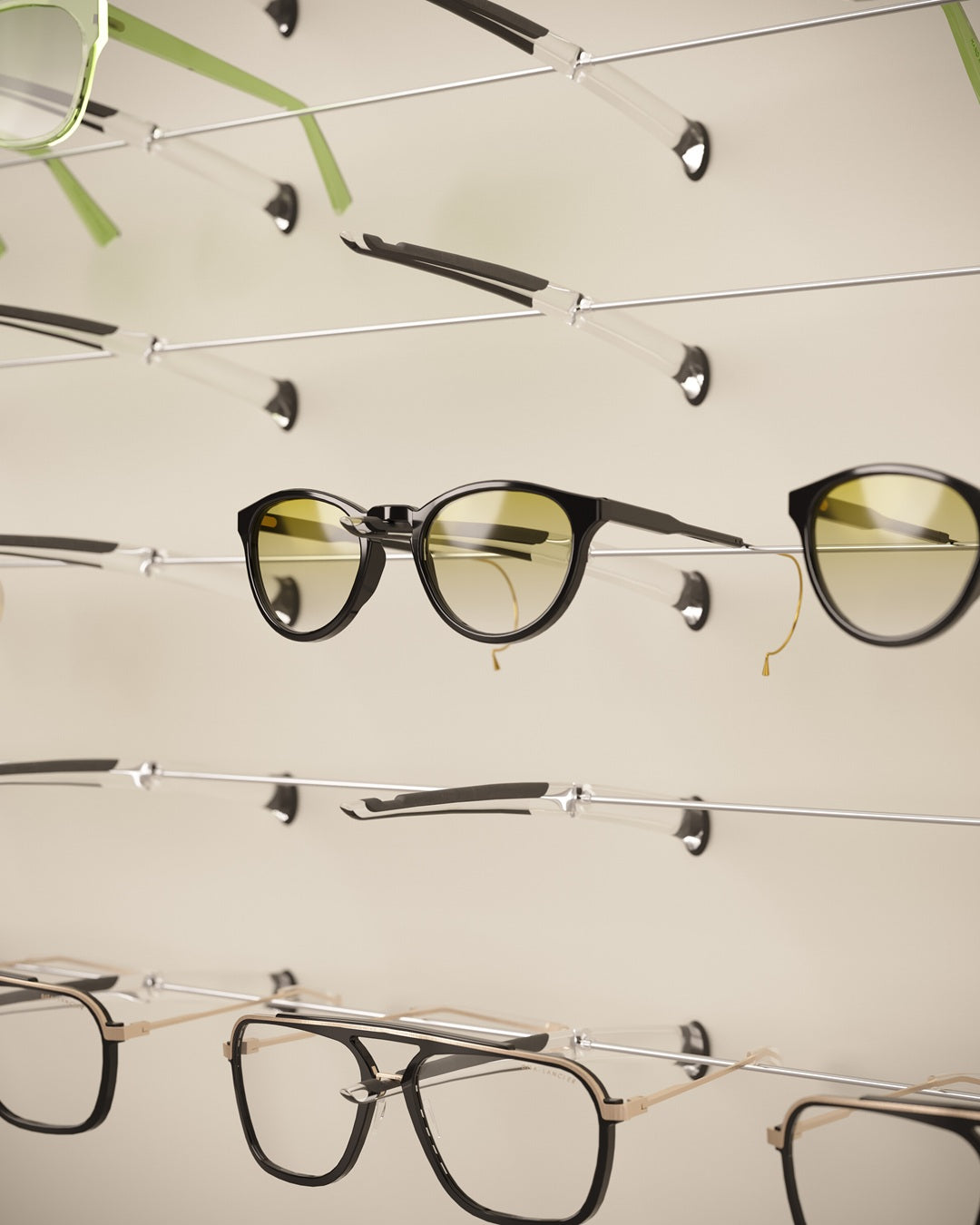 Collection of eyeglasses displayed on a wall mount Panel with eyeglass holders with a neutral background
