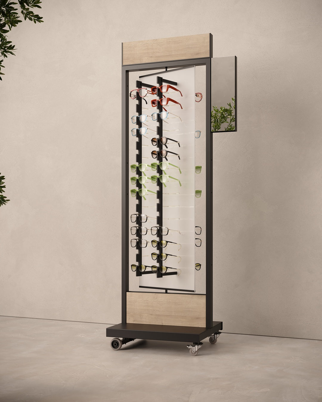 Retail sunglass display with various eyeglasses on a neutral background