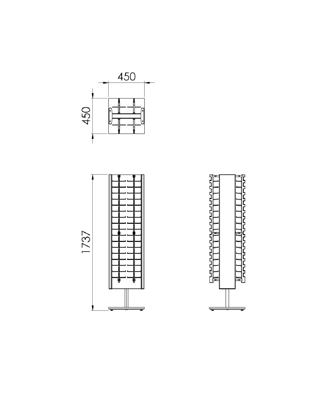 Technical drawing of a Freestanding eyeglass display stand with dimensions.