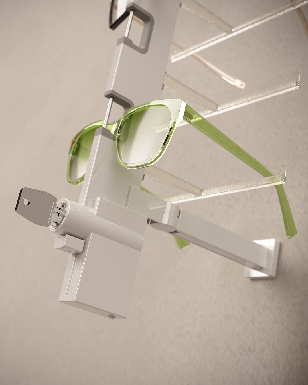 Wall-mounted Sunglass display rack with green glasses on a neutral background