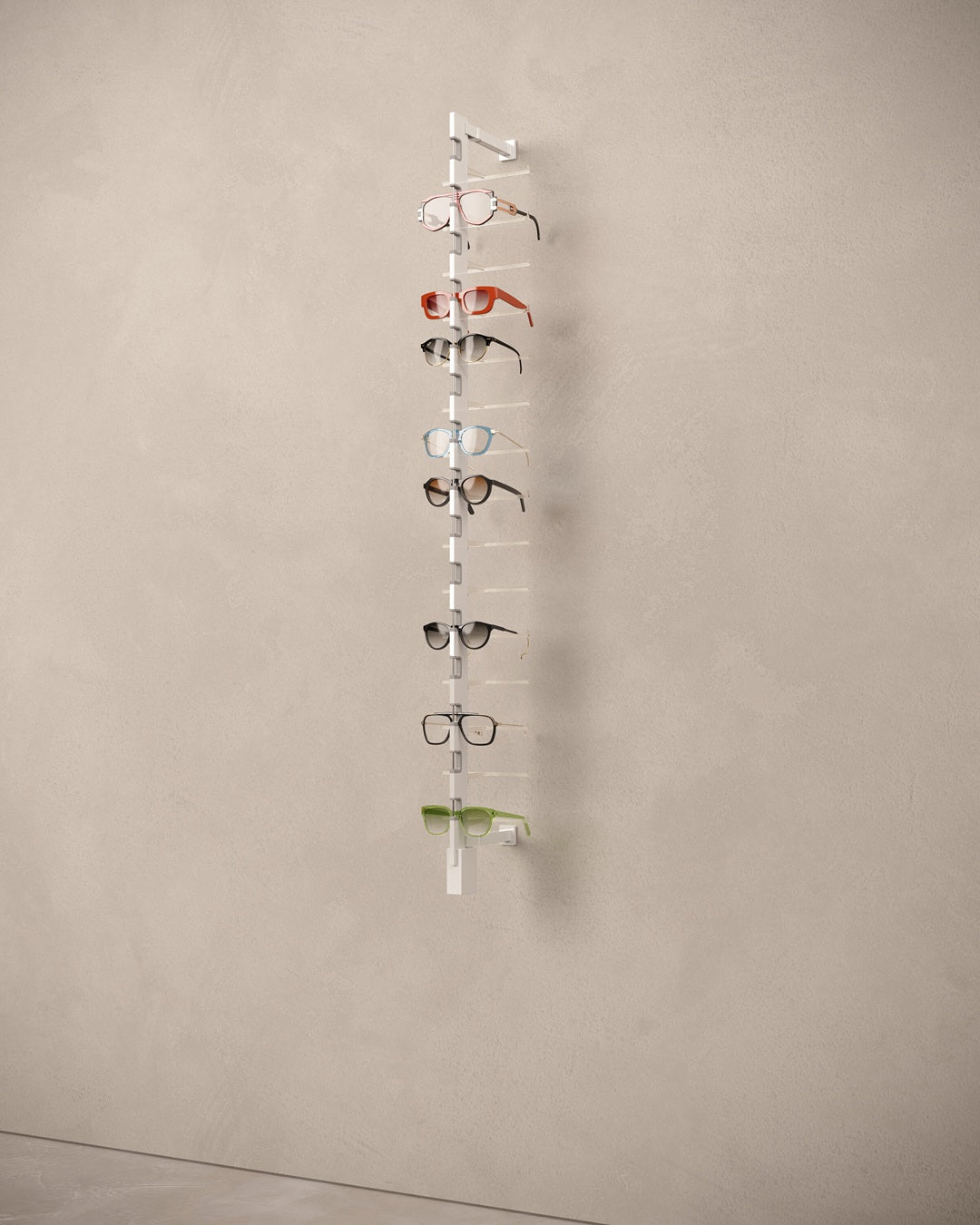 Sunglass display rack with multiple pairs of eyeglasses on a beige background