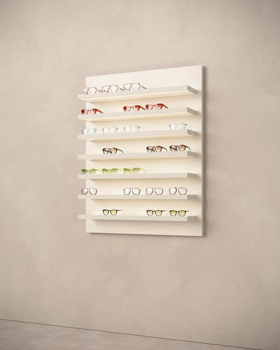 Wall-mounted Sunglass shelf display panel on a beige background