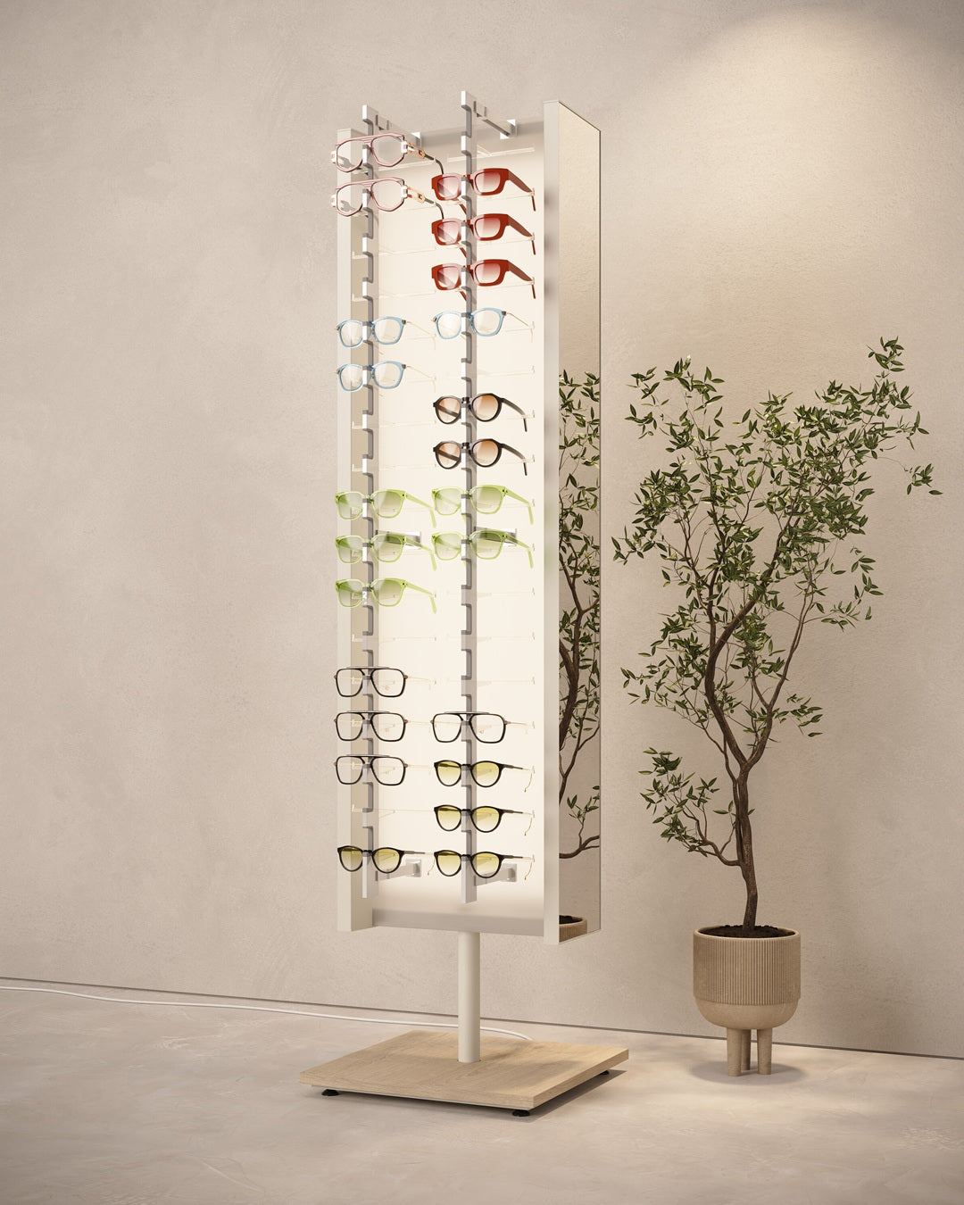 Sunglasses display stand supplier with a mirror and various eyeglasses against a neutral wall.