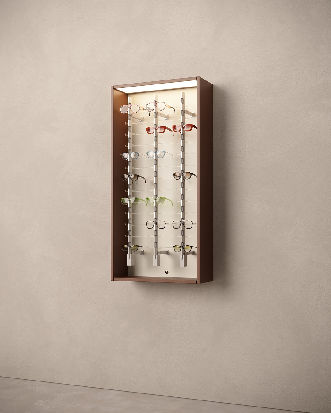 Sunglasses presentation with multiple pairs of glasses on a beige wall.