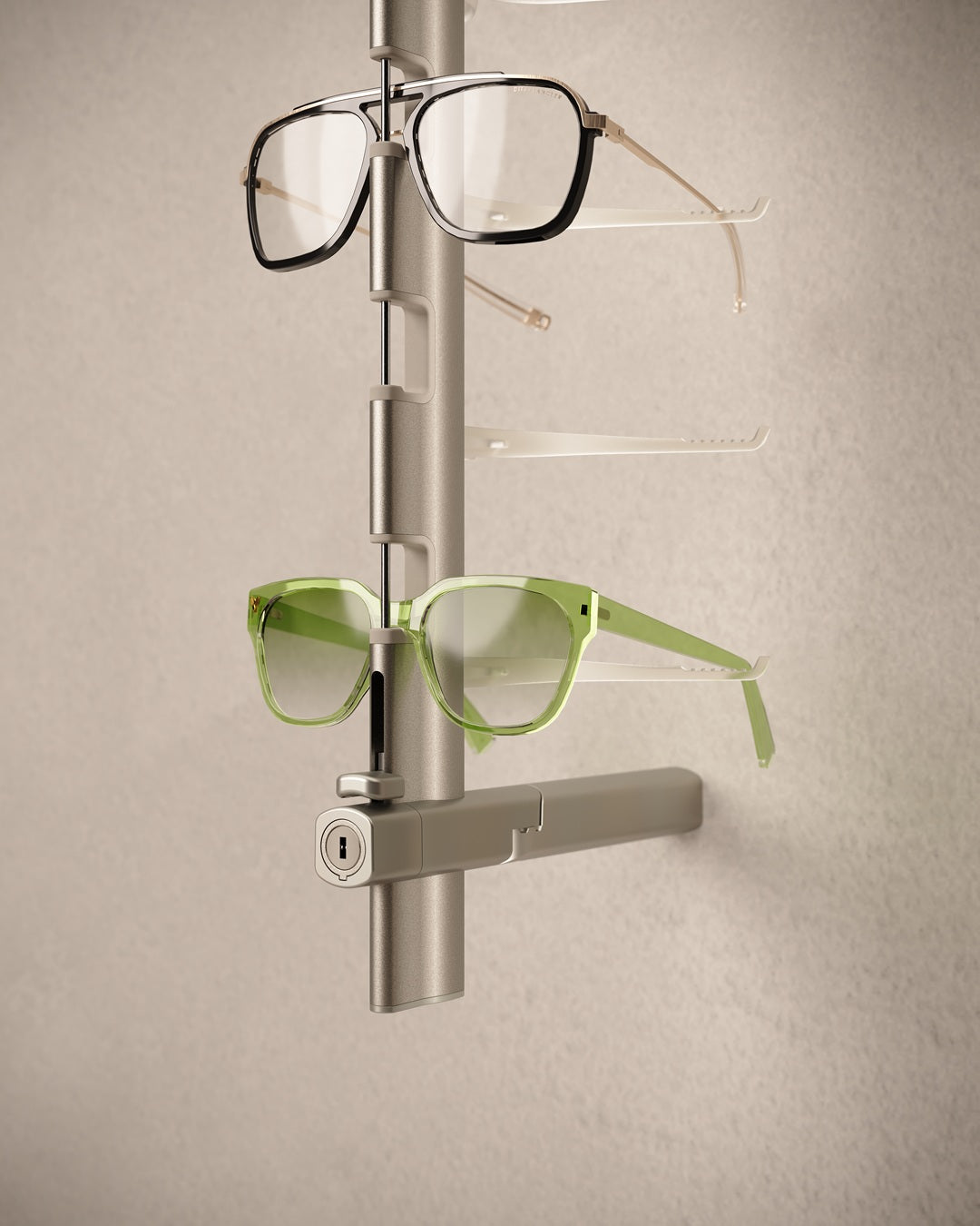 Sunglasses wall display mounted on a beige wall.