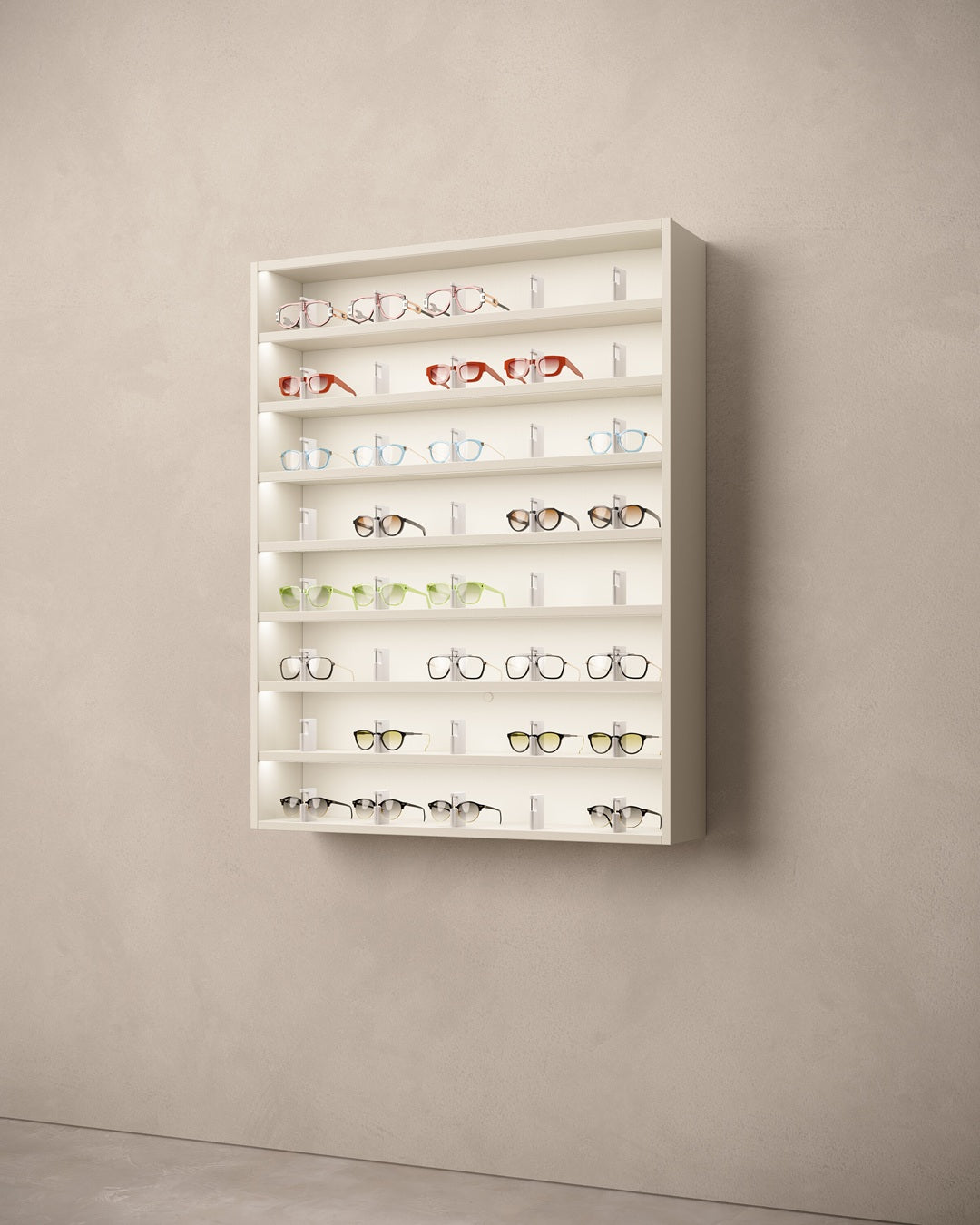 Large boutique eyewear display with various glasses on LED shelves.