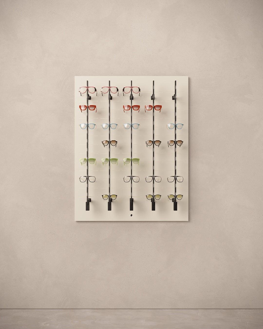 Wall-mounted eyewear panel with rods on a beige wall