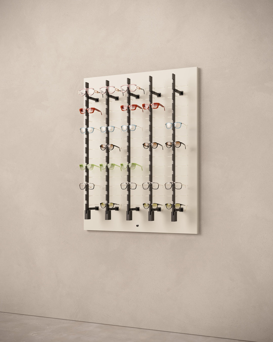 Wall-mounted eyewear panel with rods on a neutral background