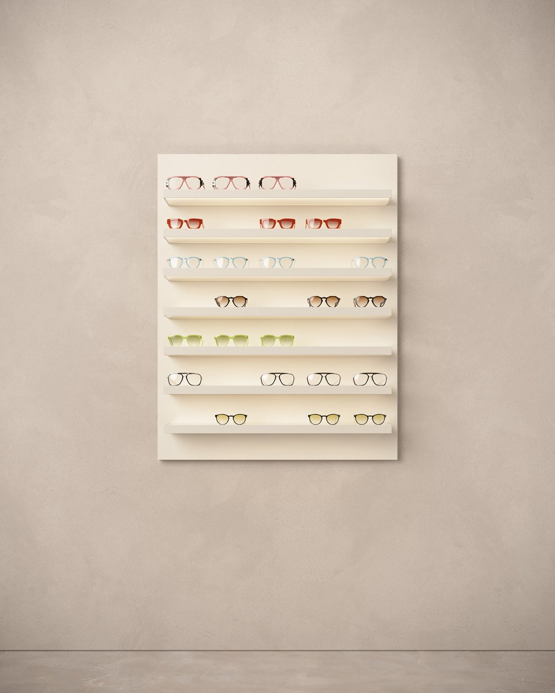 eyewear panel with shelves on a beige wall