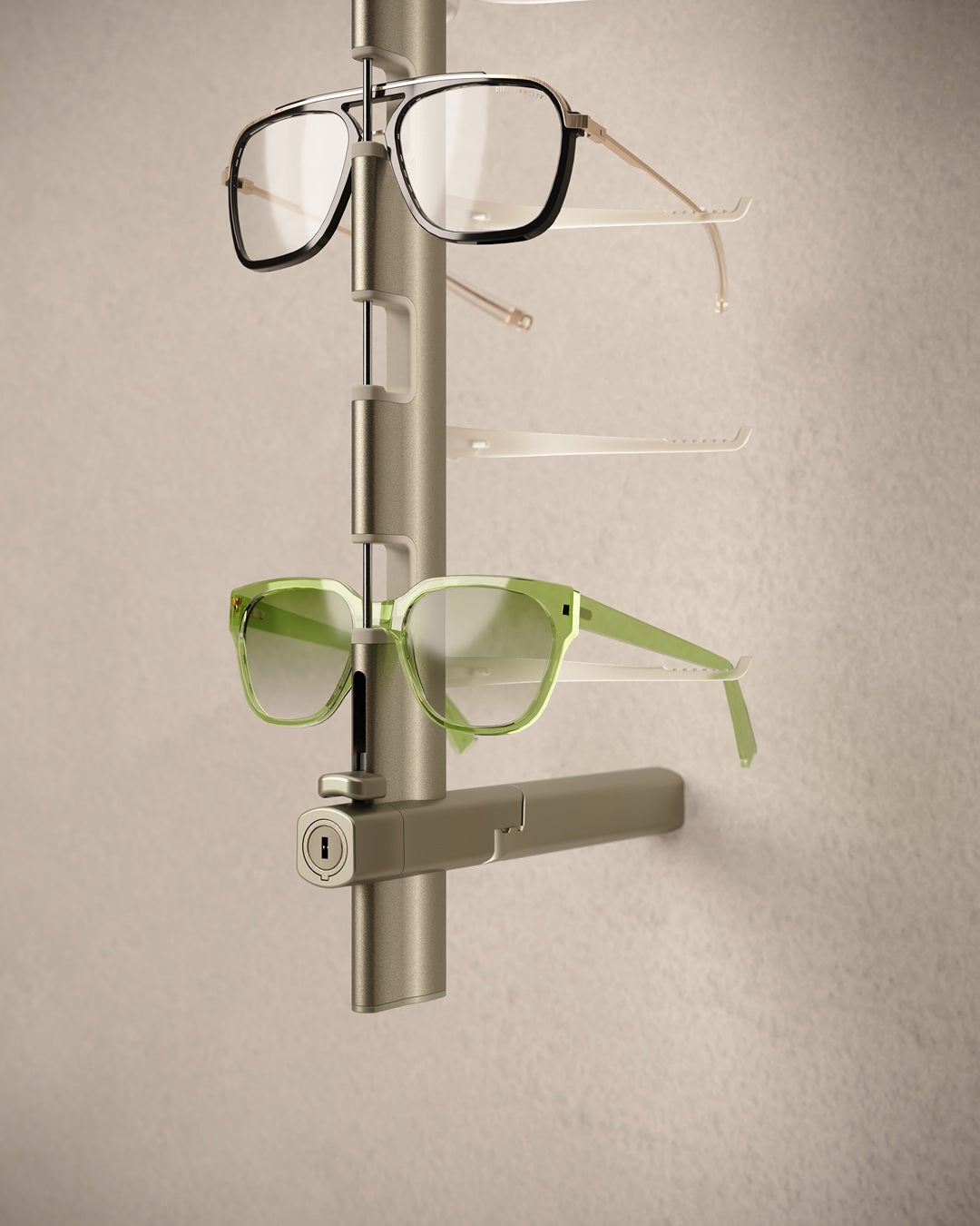 Wall-mounted Sunglasses wall display with two pairs of glasses on a neutral background