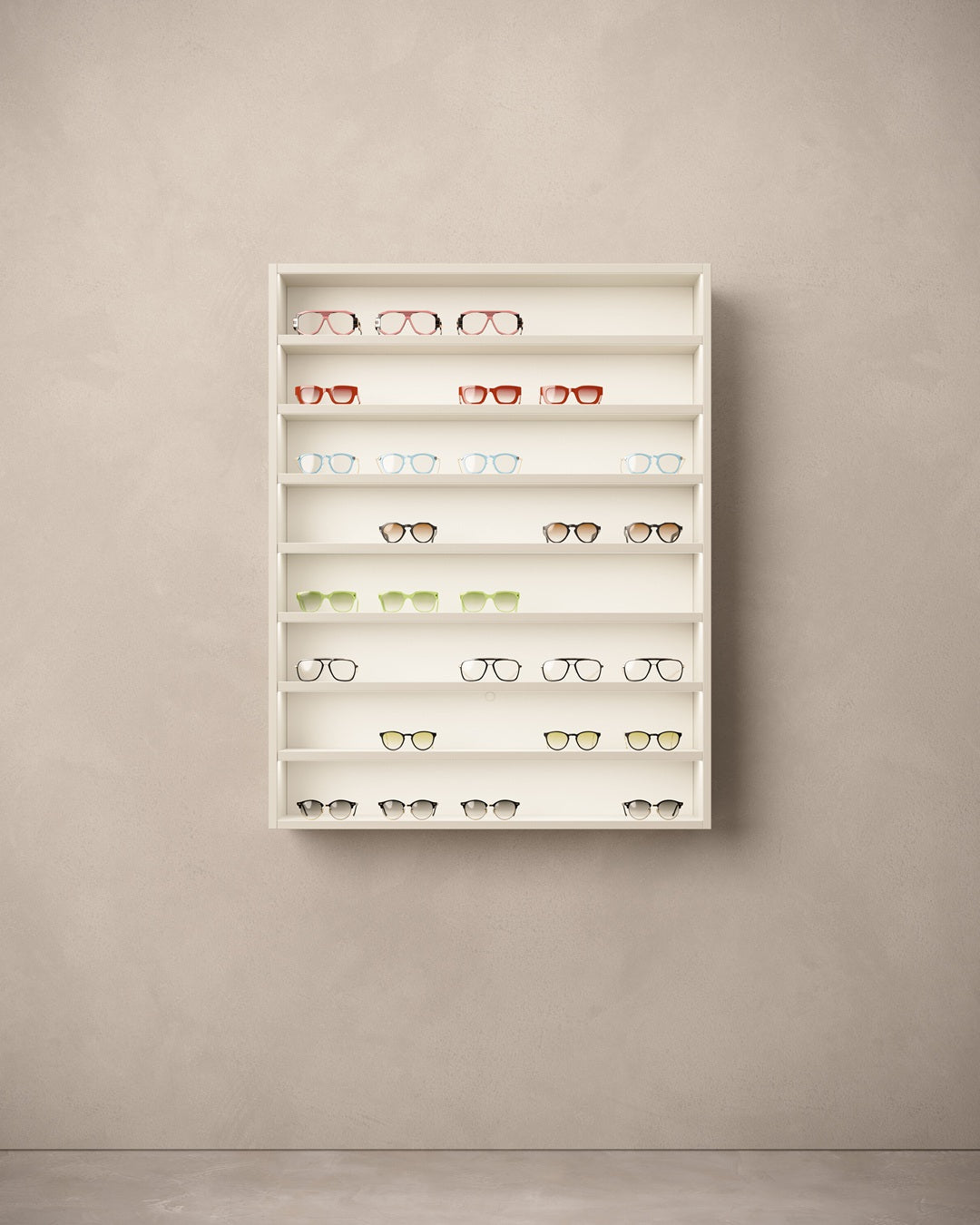 illuminated cabinet for sunglasses with various eyeglasses on a beige wall