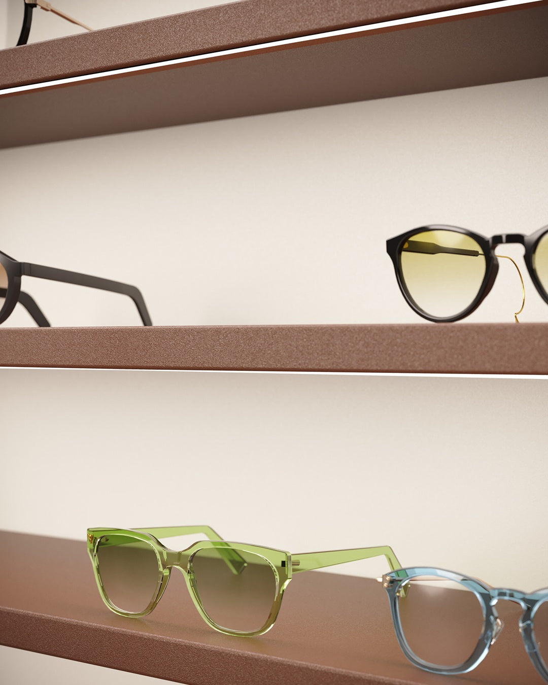 illuminated display for eyeglasses presenting various pairs of glasses with a neutral background