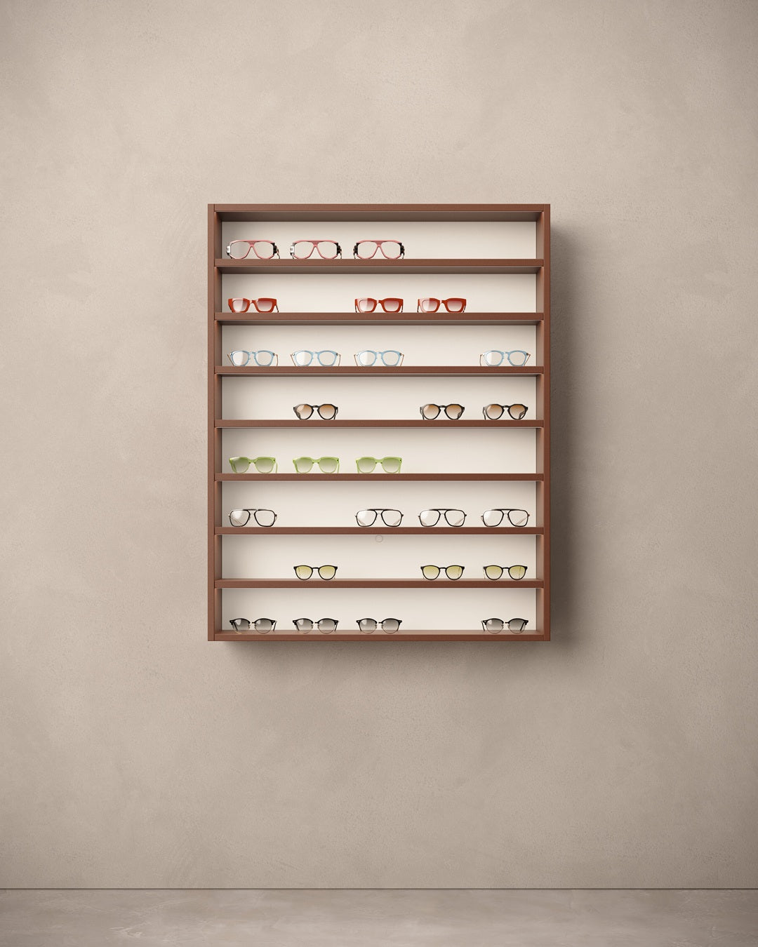 illuminated display for glasses with various small items on a beige wall