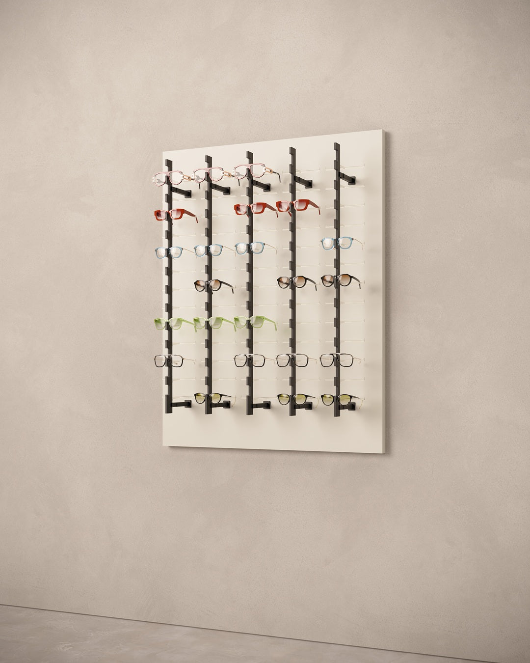 Wall-mounted optical display panel on a neutral background