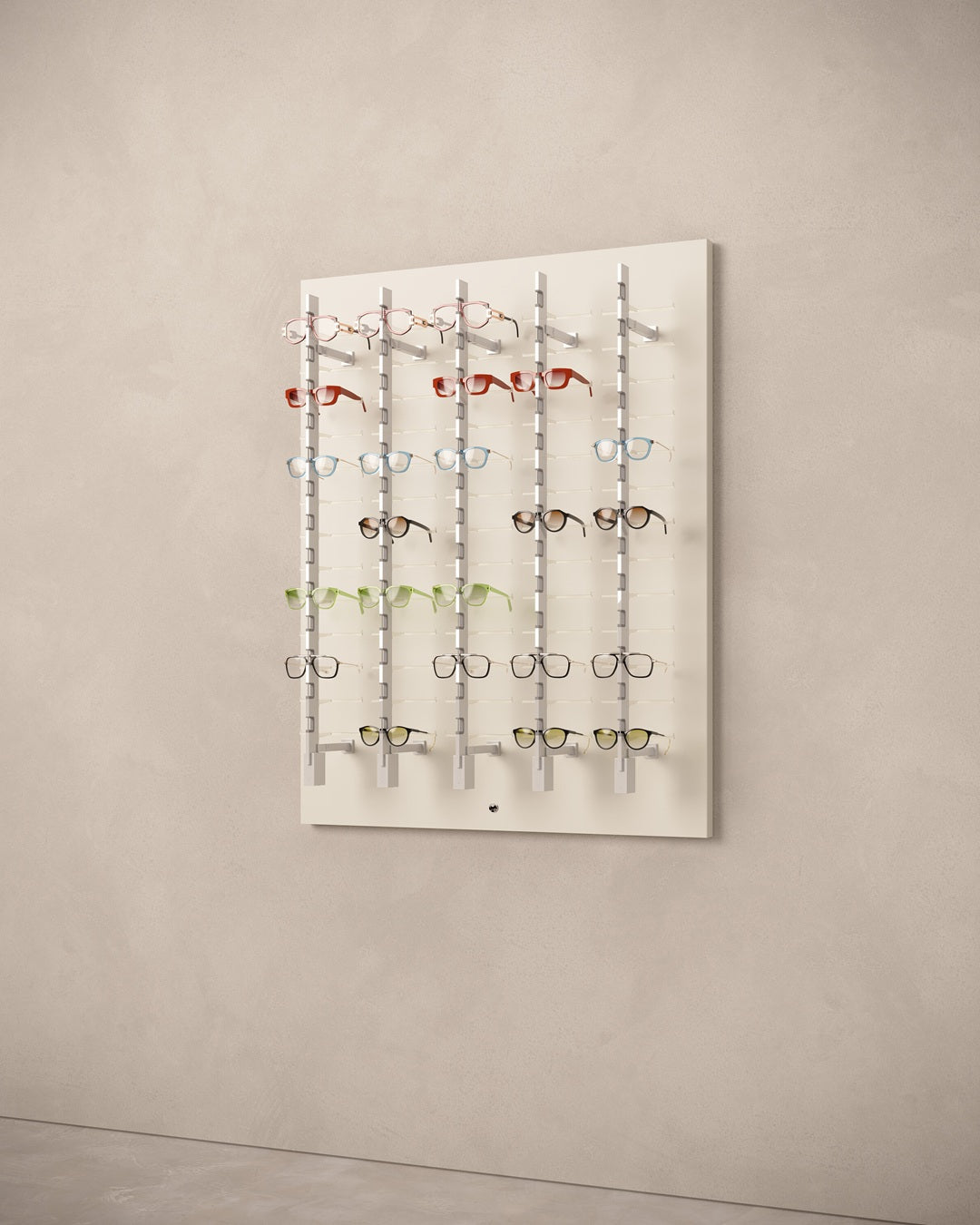 Wall-mounted optical display panel on a neutral background