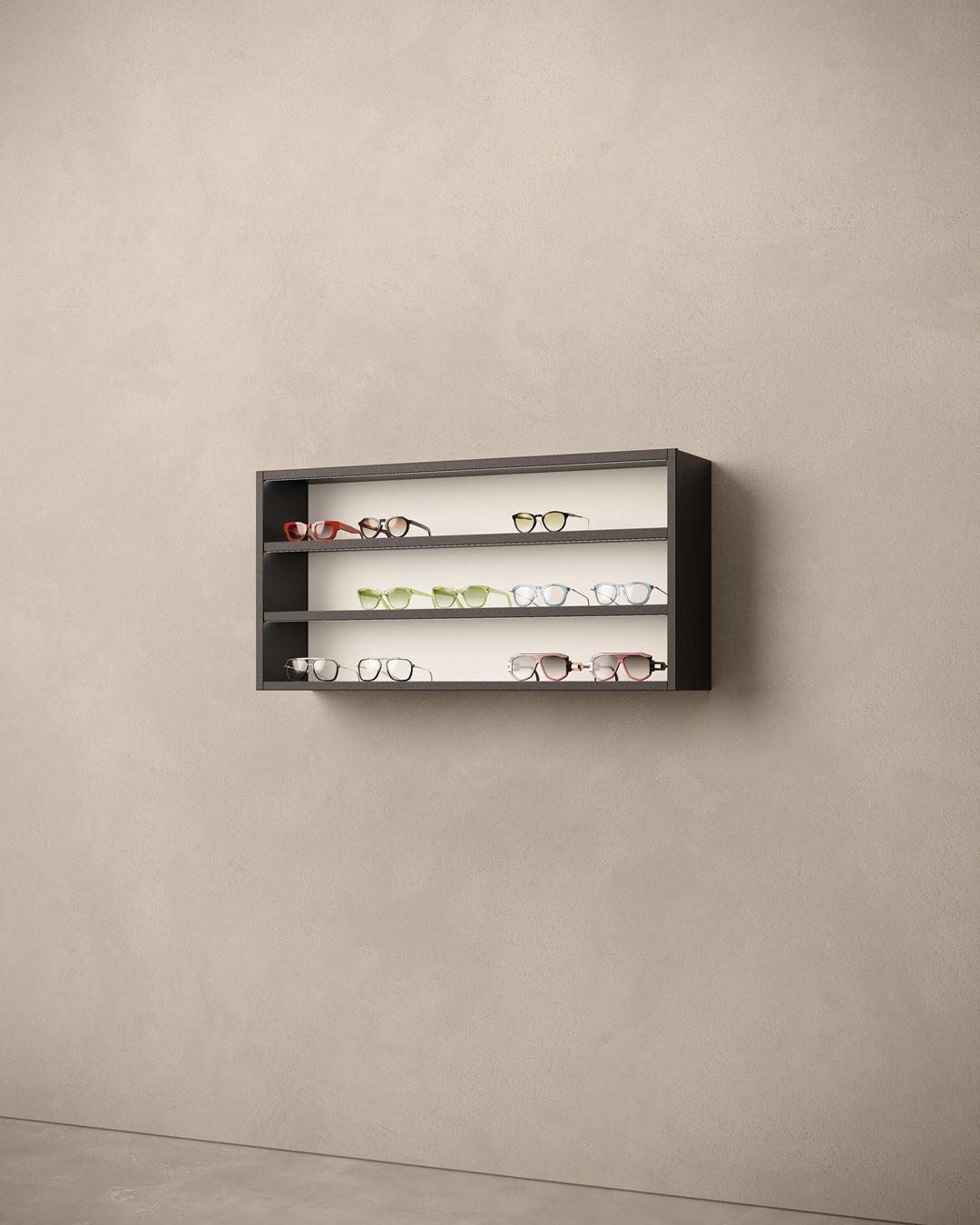 Wall-mounted illuminated display for glasses with glasses on a beige wall