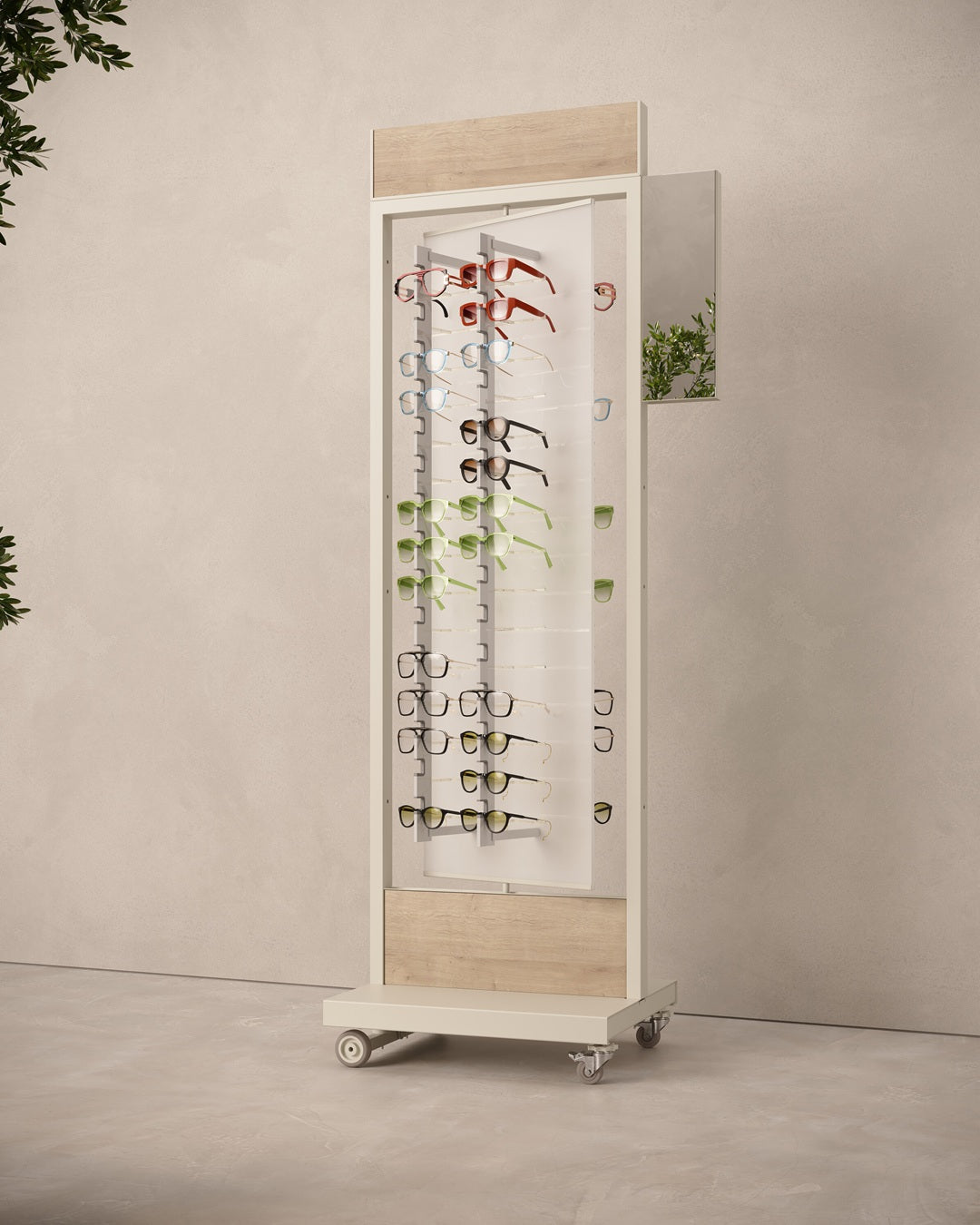 sunglasses floor display with various glasses on a neutral background