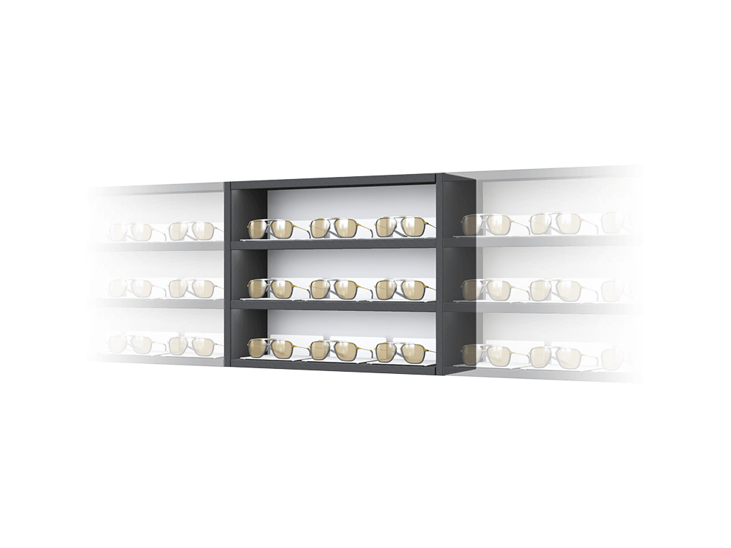 [CS.3x3.BL.TW-C] Carré with steel LED-shelves (50cm (3 shelves), 64cm, Black (9005), Center)