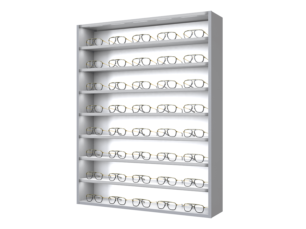 Glasses display with steel shelves