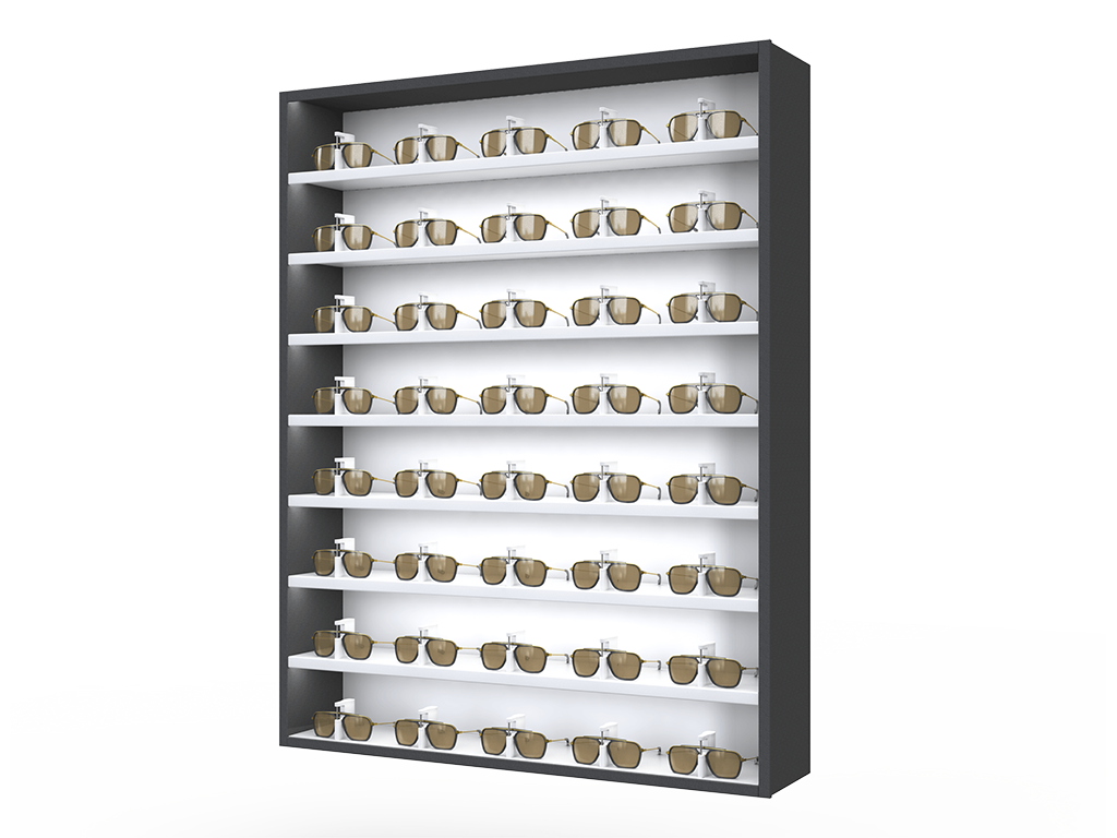 Glasses display with lockable shelves